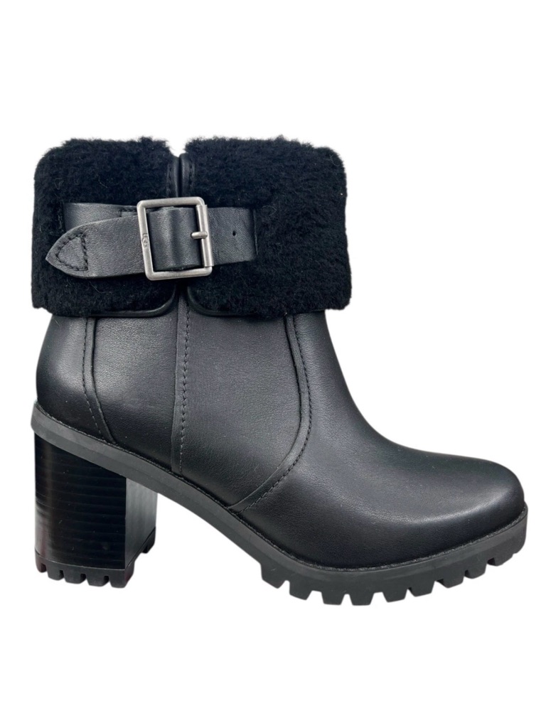 Ugg Black Shearling Cuff Buckle Heeled Ankle Boots